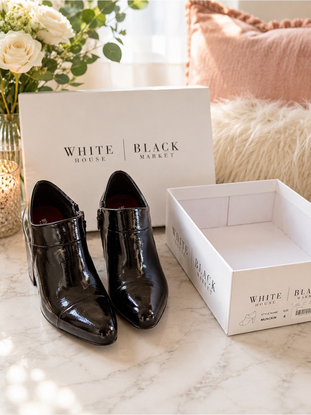White House Black Market Munckin Black Patent Ankle Booties Size 8 Side Zip